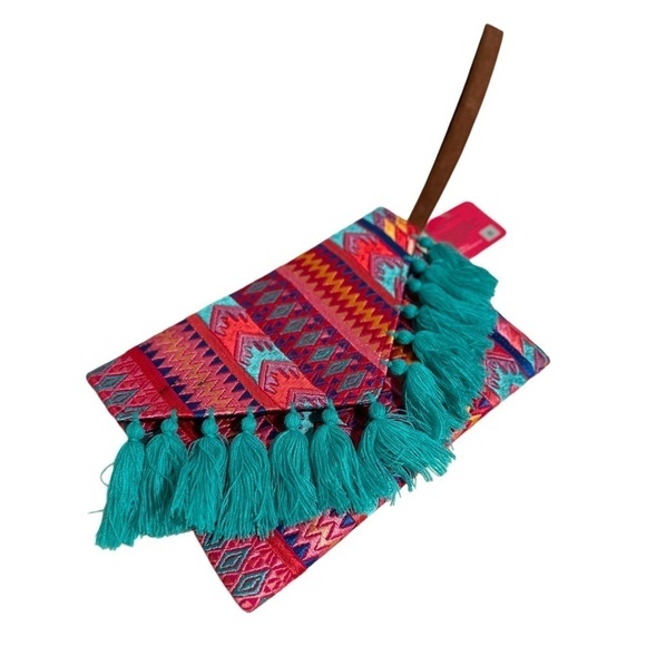 Ethnic Boho Large Clutch Suede Wristlet Bag Handmade Embroidery Tassels Indi NEW - Picture 8 of 16